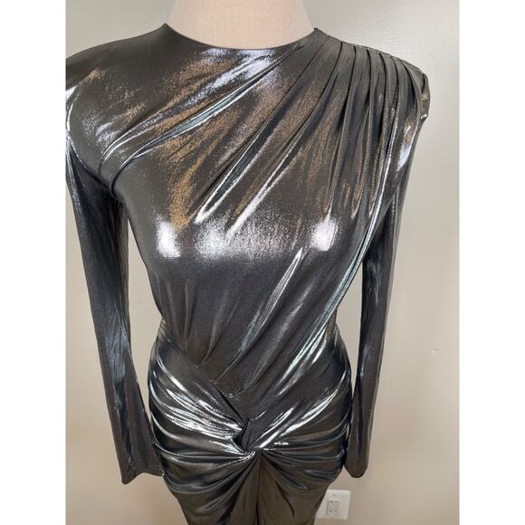 Retrofete Fenella Long Sleeve Ruched Twist Metallic Gunmetal Maxi Dress Size S - Picture 5 of 10
